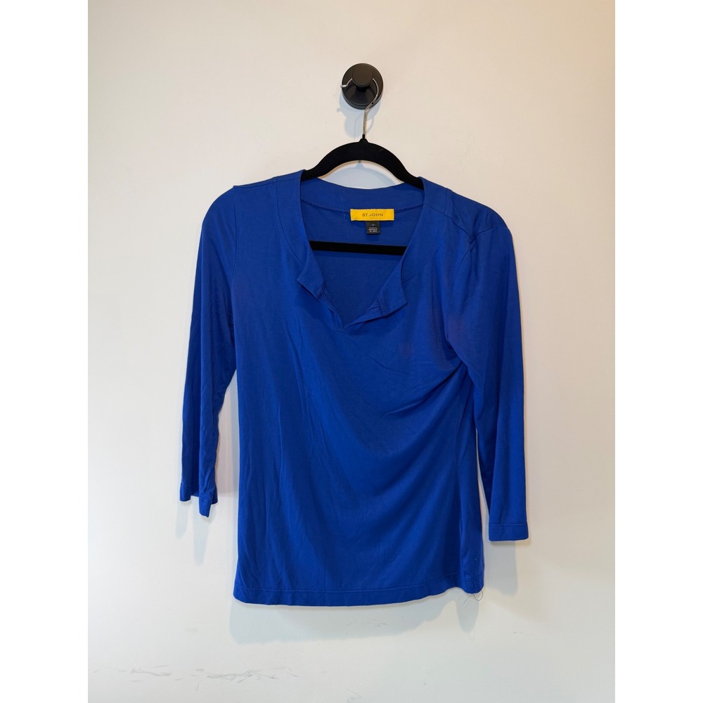 St. John Royal Blue Split Neck 3/4 Sleeve Viscose Knit Top Small